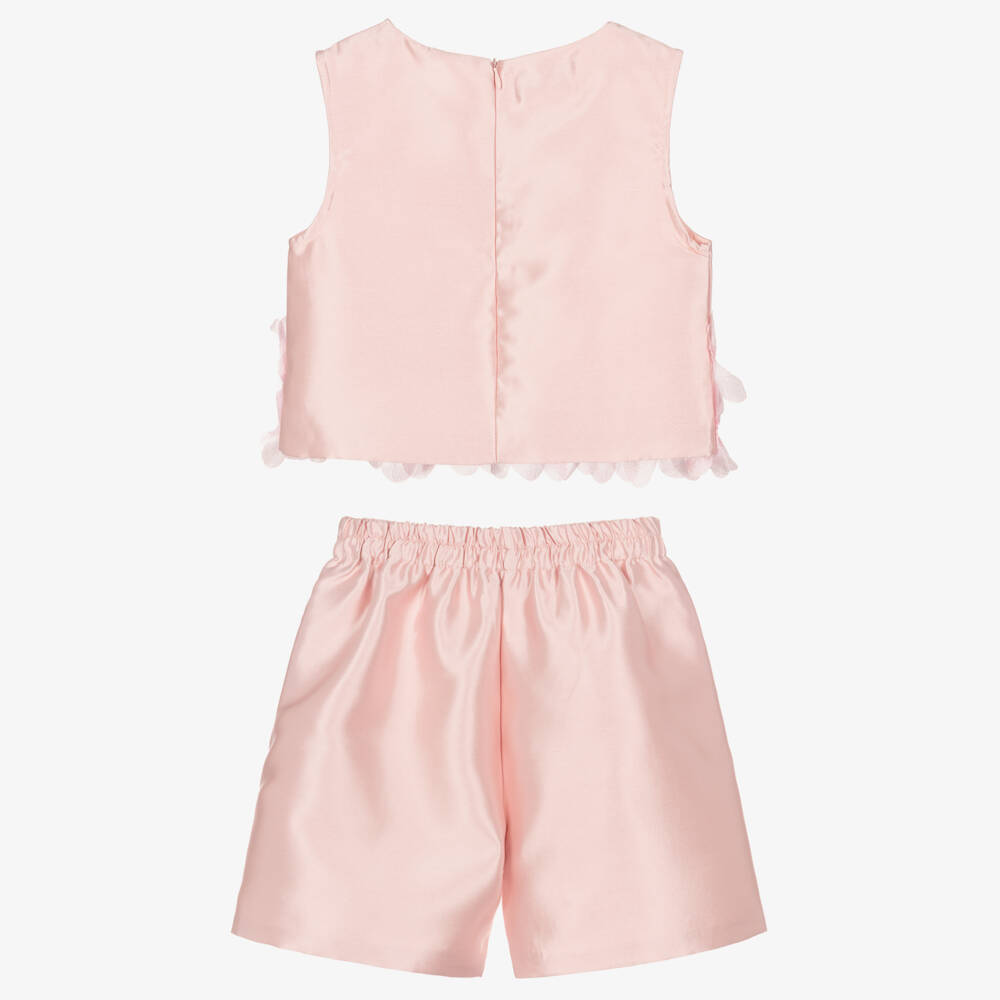 Beau KiD-Girls Pale Pink Satin Short Sets with Floral Trim | Childrensalon Outlet