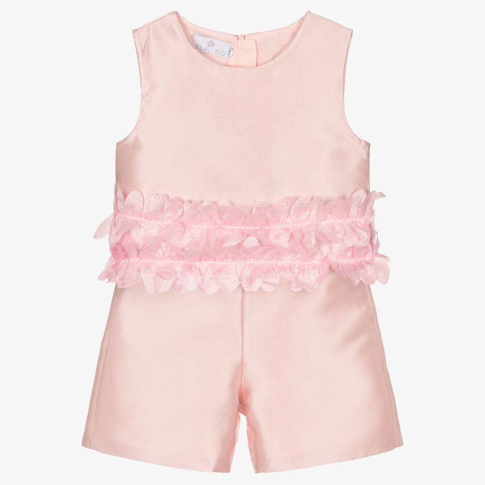 Beau KiD-Girls Pale Pink Satin Short Sets with Floral Trim | Childrensalon Outlet