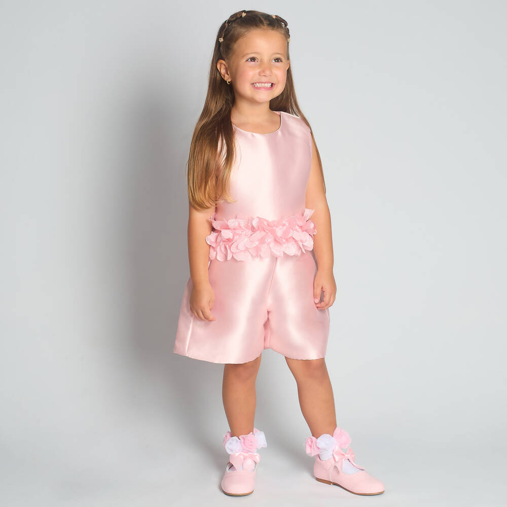 Beau KiD-Girls Pale Pink Satin Short Sets with Floral Trim | Childrensalon Outlet