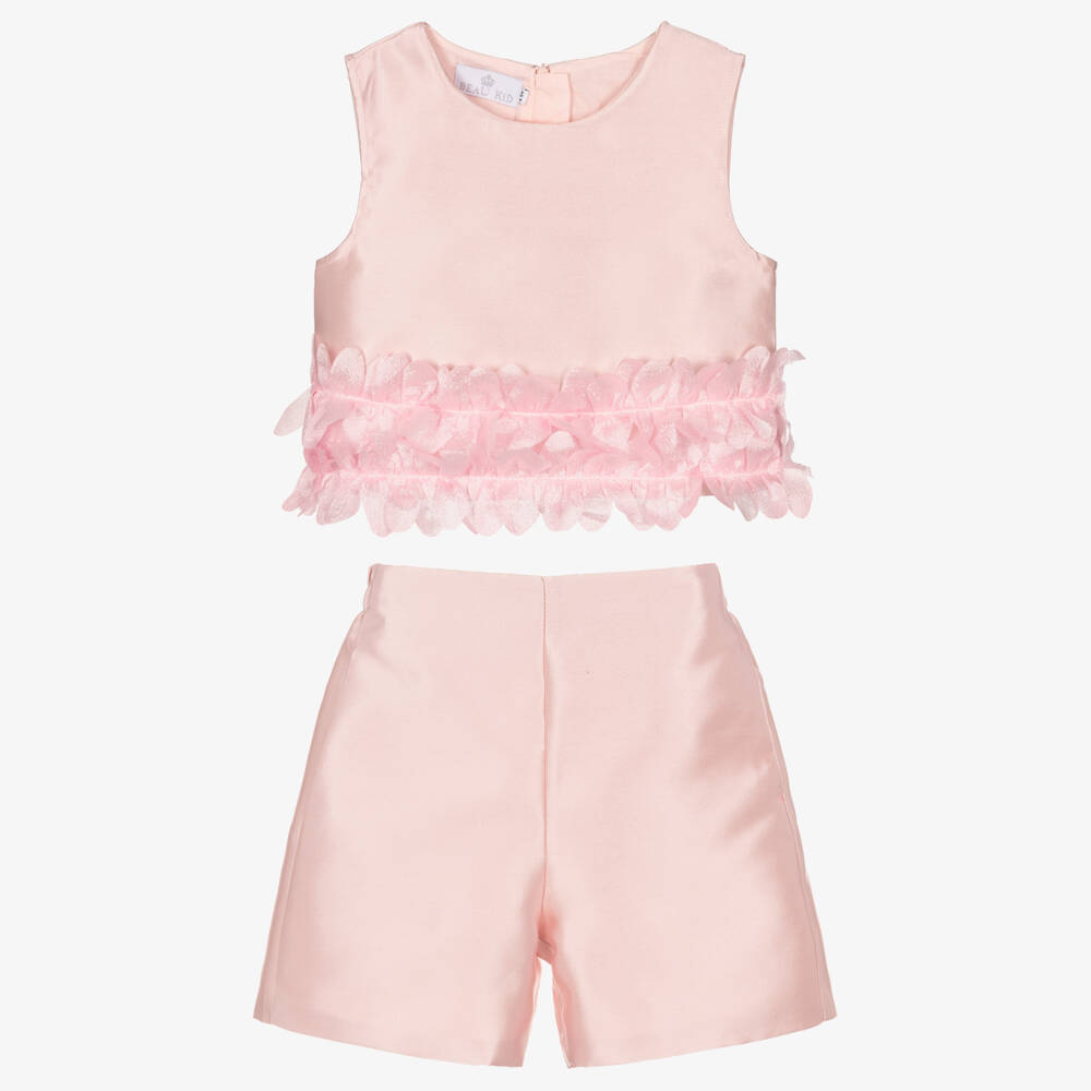 Beau KiD-Girls Pale Pink Satin Short Sets with Floral Trim | Childrensalon Outlet