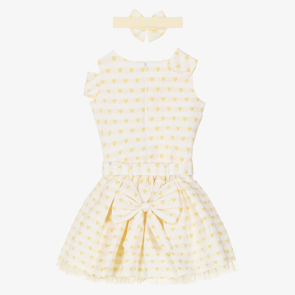 Beau KiD-Girls Pale Yellow Jacquard Skirt Set with Hearts & Bows | Childrensalon Outlet