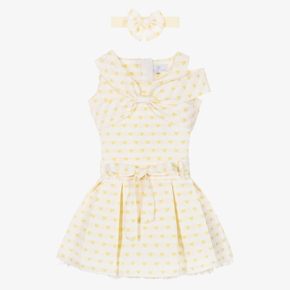Beau KiD-Girls Pale Yellow Jacquard Skirt Set with Hearts & Bows | Childrensalon Outlet