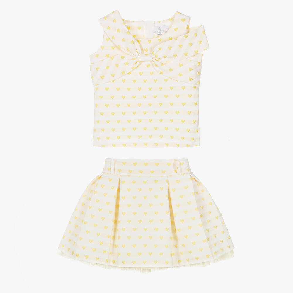 Beau KiD-Girls Pale Yellow Jacquard Skirt Set with Hearts & Bows | Childrensalon Outlet