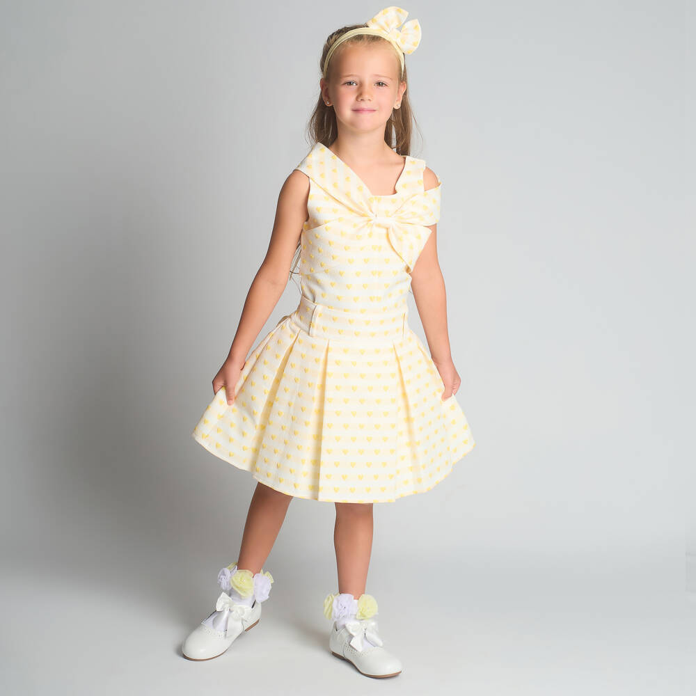 Beau KiD-Girls Pale Yellow Jacquard Skirt Set with Hearts & Bows | Childrensalon Outlet