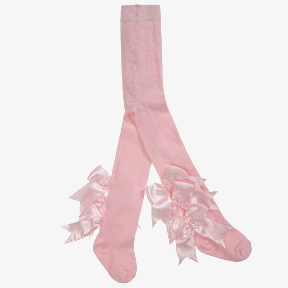 Beau KiD-Girls Pink Cotton & Satin Bow Tights | Childrensalon Outlet