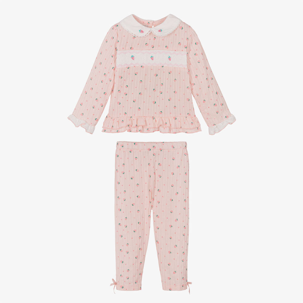 Beau KiD-Girls Pink Cotton Smocked Strawberry Pyjamas | Childrensalon Outlet