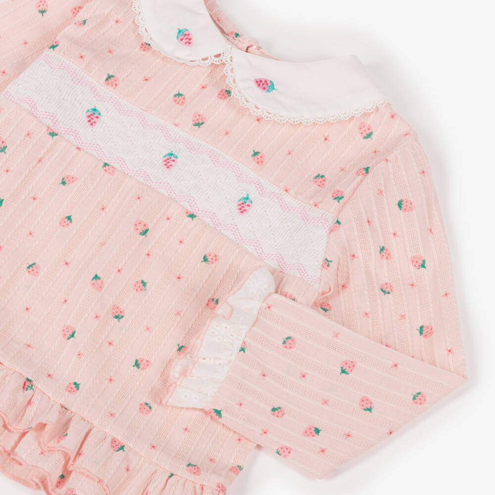 Beau KiD-Girls Pink Cotton Smocked Strawberry Pyjamas | Childrensalon Outlet