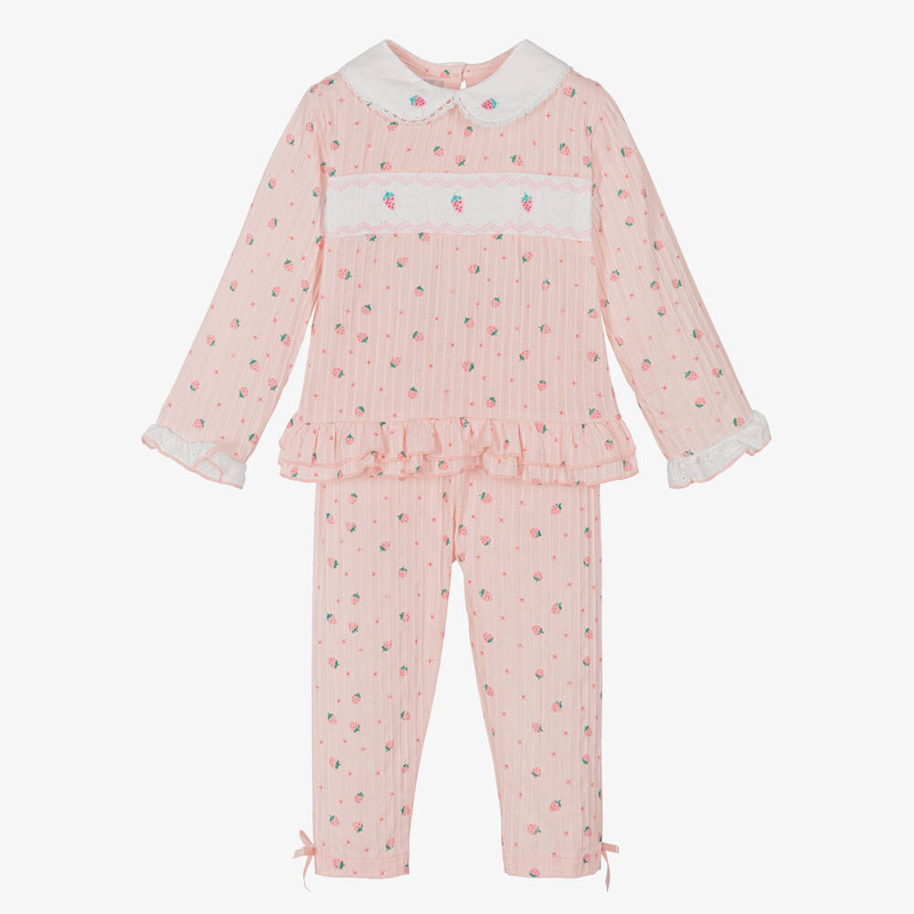 Beau KiD-Girls Pink Cotton Smocked Strawberry Pyjamas | Childrensalon Outlet