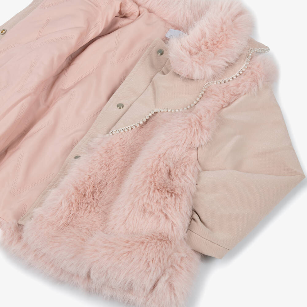 Beau KiD-Girls Pink Faux Fur Coat with Pearl Trims | Childrensalon Outlet