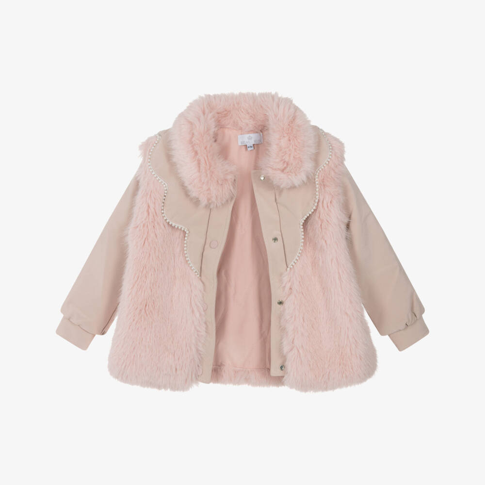 Beau KiD-Girls Pink Faux Fur Coat with Pearl Trims | Childrensalon Outlet