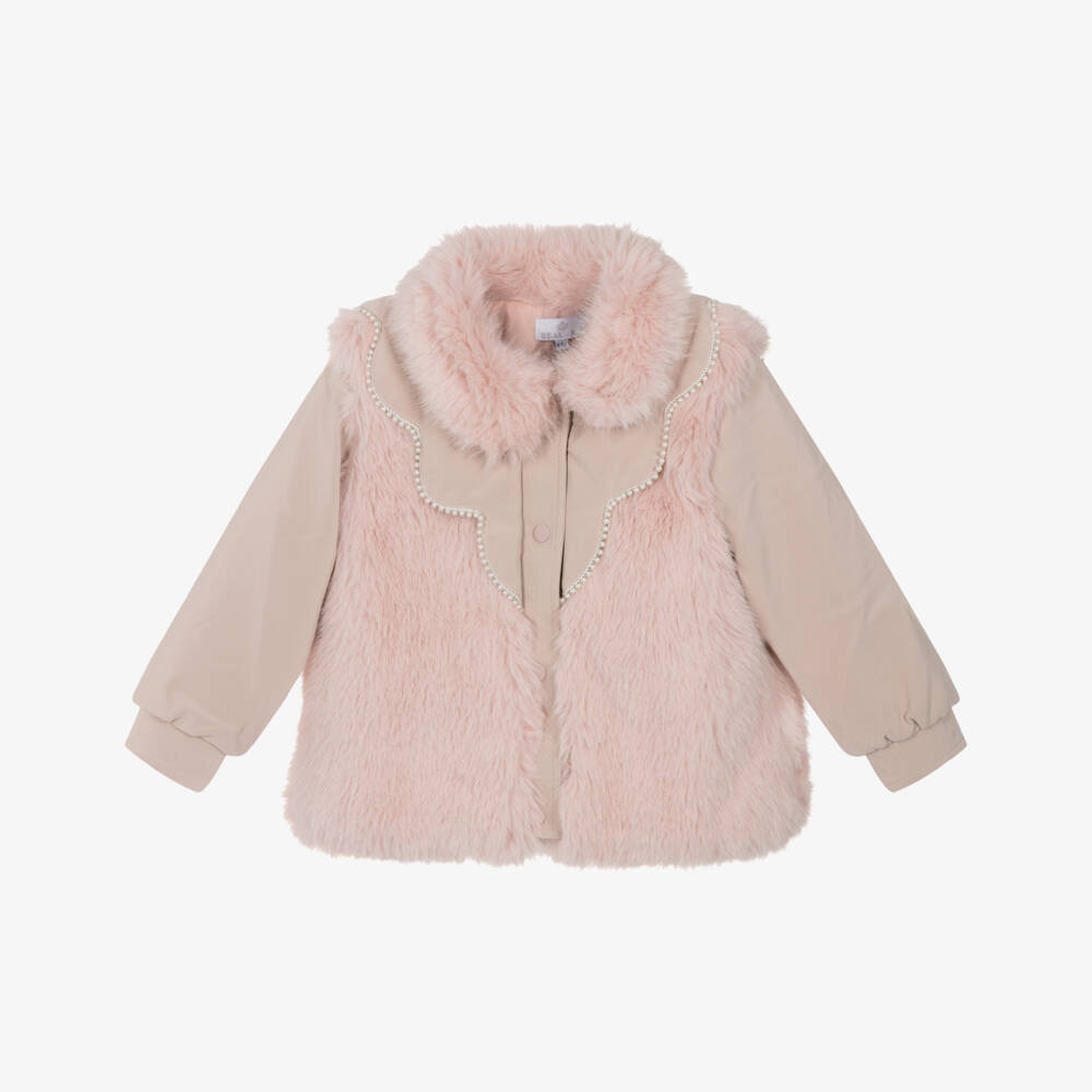 Beau KiD-Girls Pink Faux Fur Coat with Pearl Trims | Childrensalon Outlet