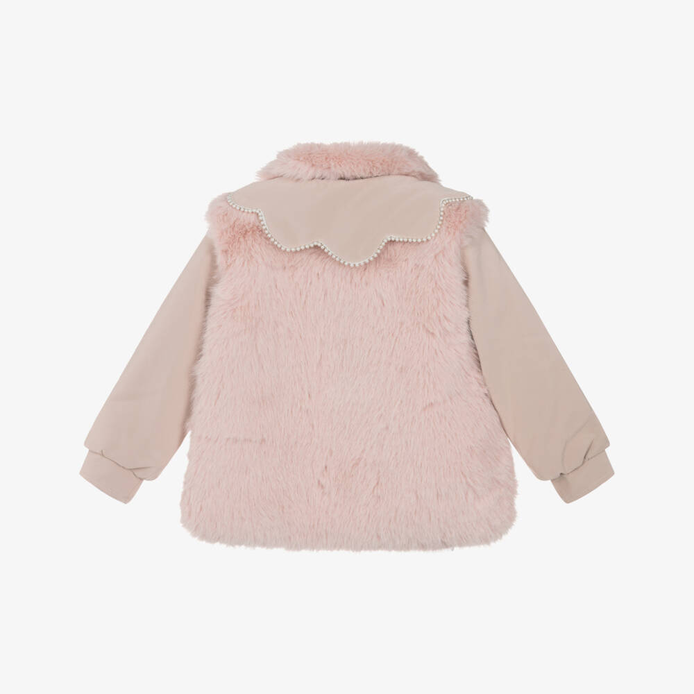 Beau KiD-Girls Pink Faux Fur Coat with Pearl Trims | Childrensalon Outlet