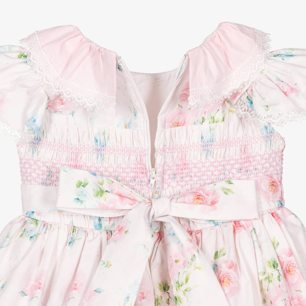 Beau KiD-Girls Pink Floral Print Smocked Cotton Dress | Childrensalon Outlet