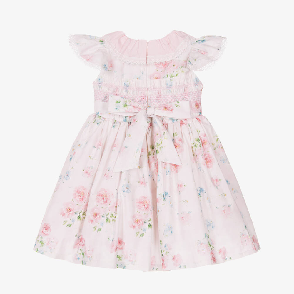Beau KiD-Girls Pink Floral Print Smocked Cotton Dress | Childrensalon Outlet