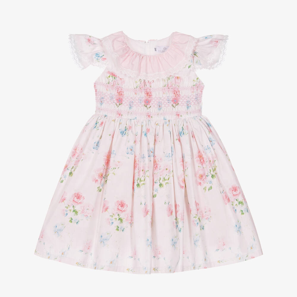 Beau KiD-Girls Pink Floral Print Smocked Cotton Dress | Childrensalon Outlet