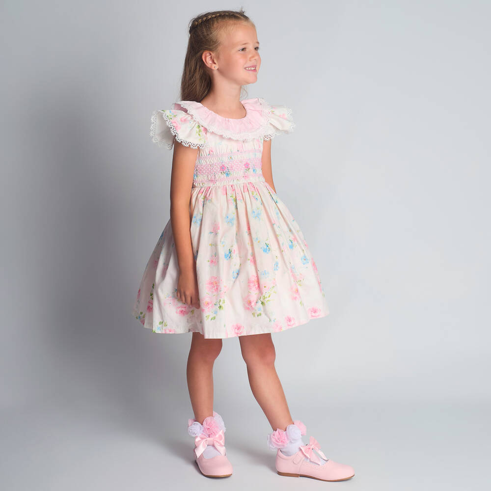 Beau KiD-Girls Pink Floral Print Smocked Cotton Dress | Childrensalon Outlet