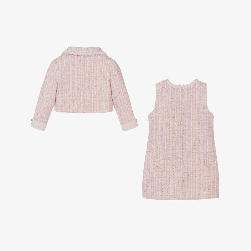 Beau KiD-Girls Pink & Gold Tweed Dress Set with Enamelled Buttons | Childrensalon Outlet
