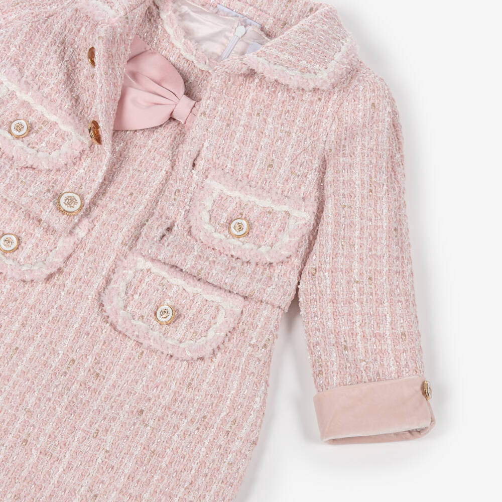 Beau KiD-Girls Pink & Gold Tweed Dress Set with Enamelled Buttons | Childrensalon Outlet