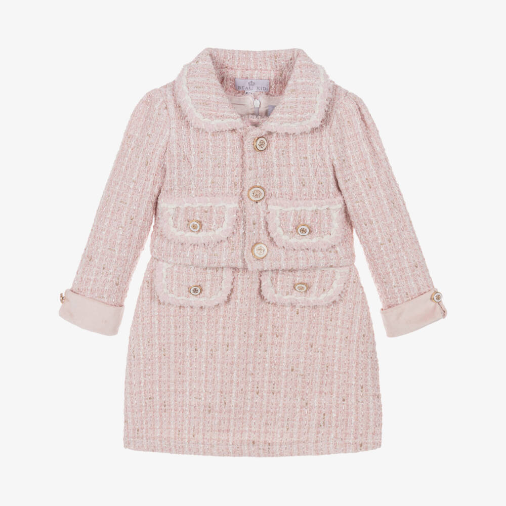 Beau KiD-Girls Pink & Gold Tweed Dress Set with Enamelled Buttons | Childrensalon Outlet