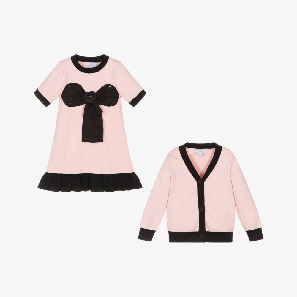 Beau KiD-Girls Pink Knitted Dress & Cardigan Set with Black Bow | Childrensalon Outlet