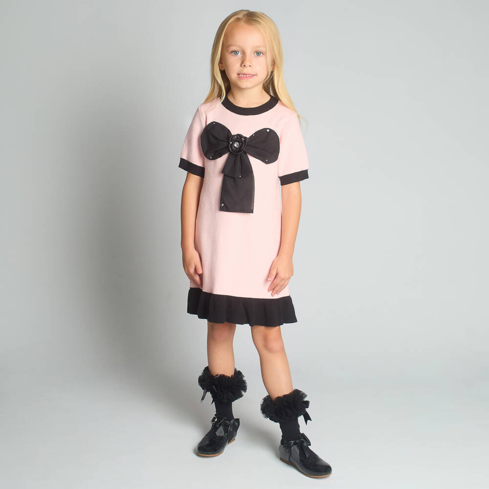 Beau KiD-Girls Pink Knitted Dress & Cardigan Set with Black Bow | Childrensalon Outlet