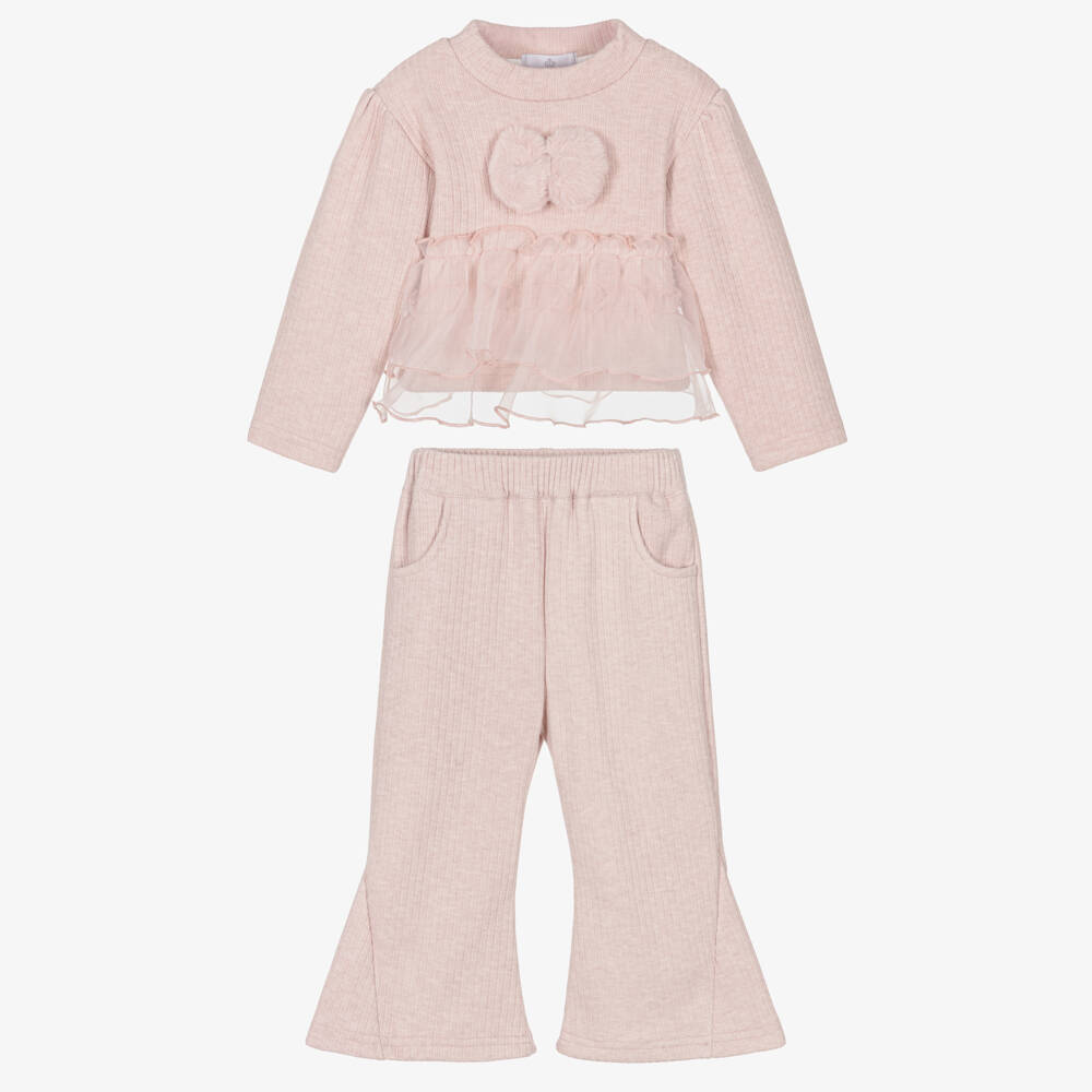 Beau KiD-Girls Pink Ribbed Jersey Trouser Set with Organza Ruffles | Childrensalon Outlet