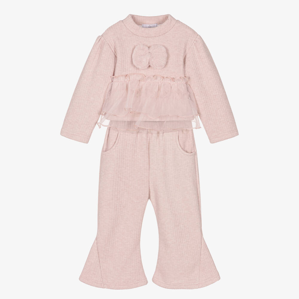 Beau KiD-Girls Pink Ribbed Jersey Trouser Set with Organza Ruffles | Childrensalon Outlet
