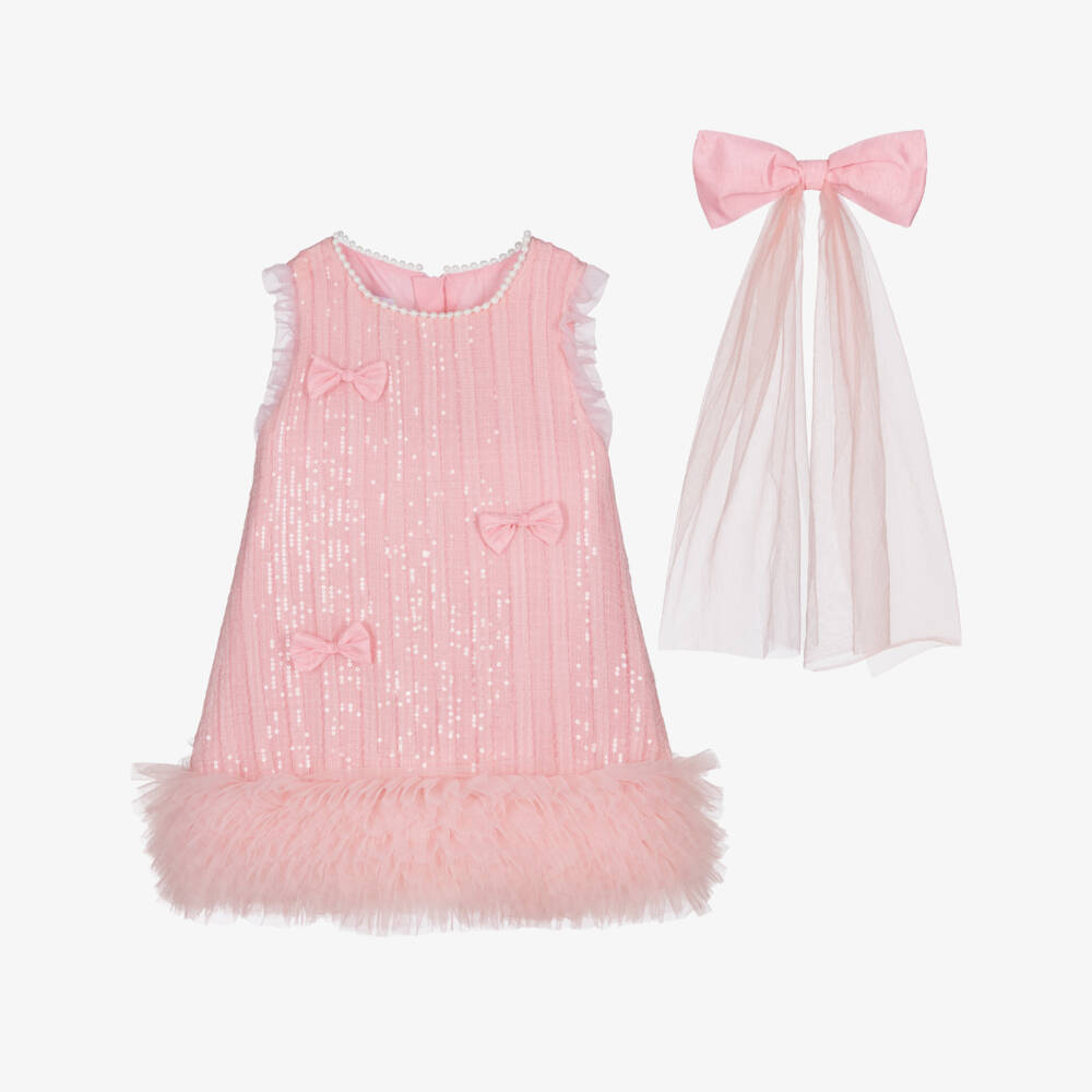 Beau KiD-Girls Pink Sequin Embellished Tulle Dress & Hair Bow | Childrensalon Outlet