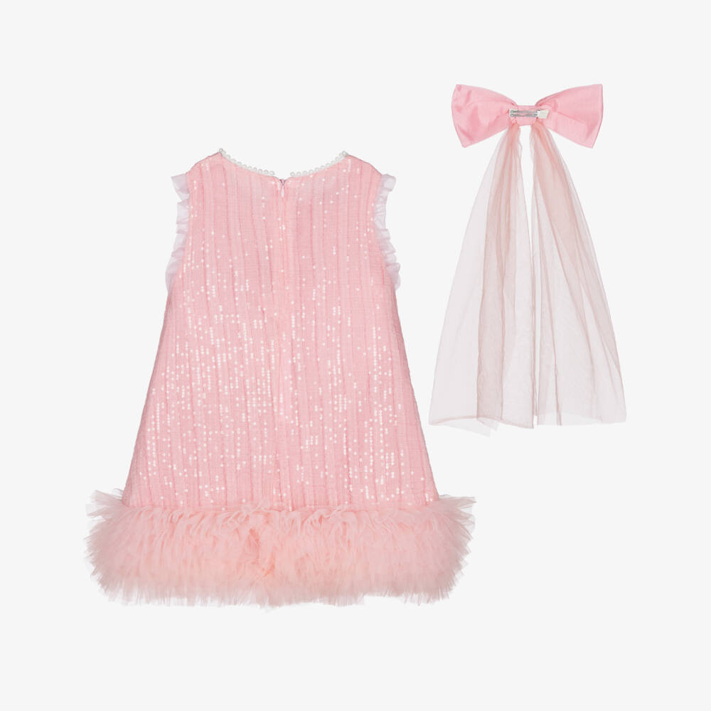 Beau KiD-Girls Pink Sequin Embellished Tulle Dress & Hair Bow | Childrensalon Outlet