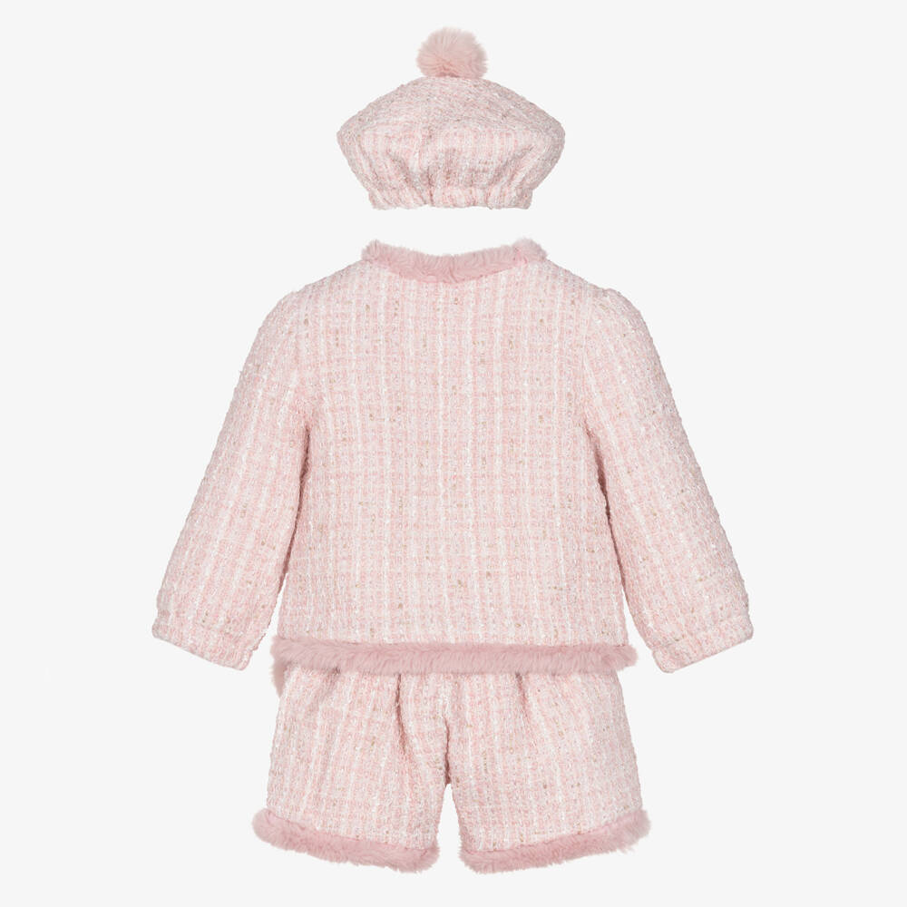 Beau KiD-Girls Pink Tweed Shorts Set with Faux Fur Trim | Childrensalon Outlet