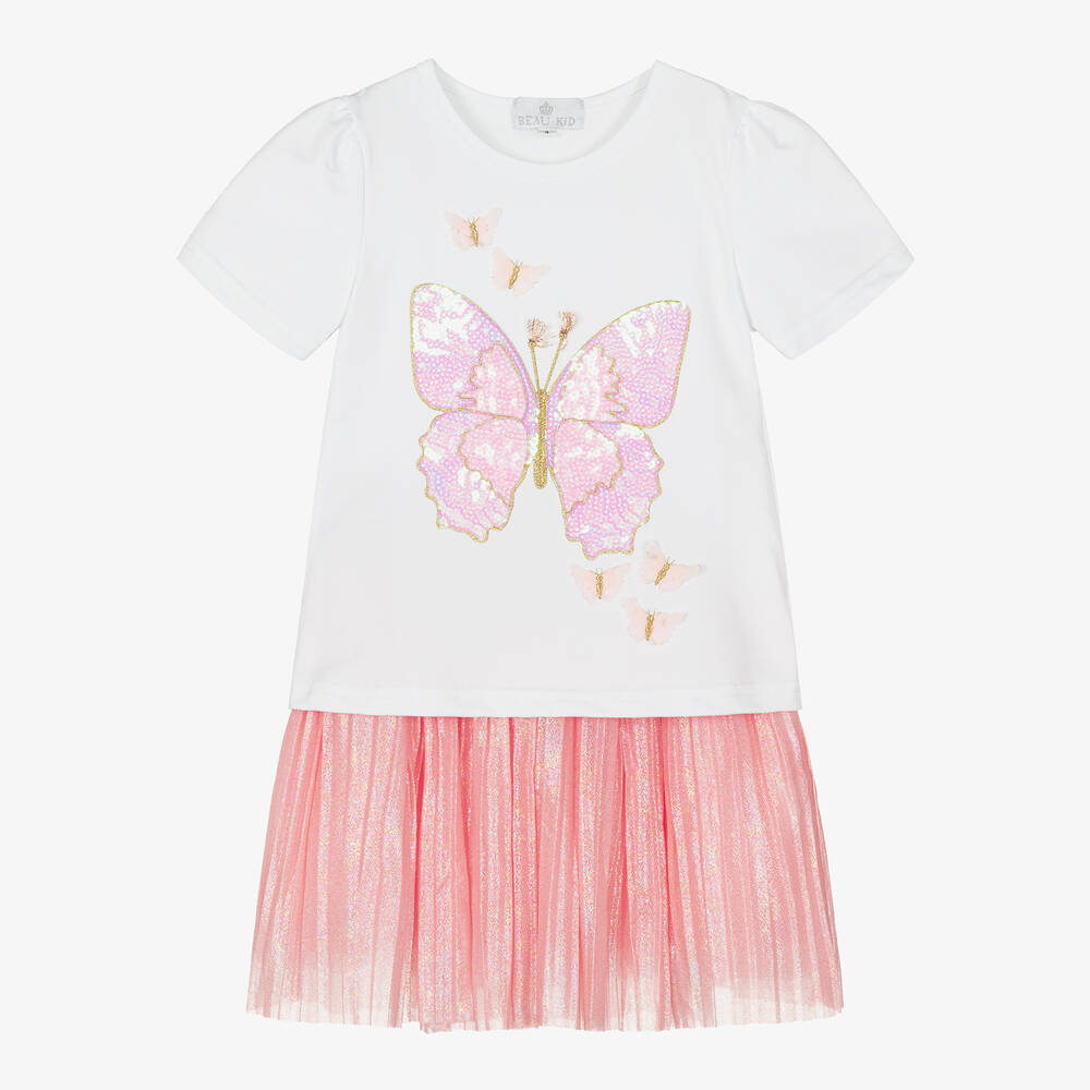 Beau KiD-Girls Pink & White Butterfly Skirt Set | Childrensalon Outlet