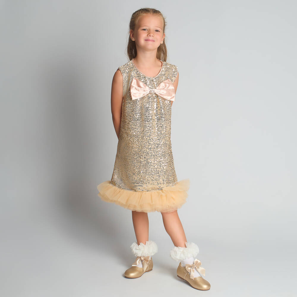 Beau KiD-Girls Rose Gold Sequin Dress with Tulle Hem | Childrensalon Outlet