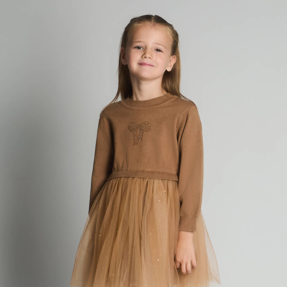 Beau KiD-Girls Tan Brown Knit & Tulle Dress with Diamanté Bow | Childrensalon Outlet