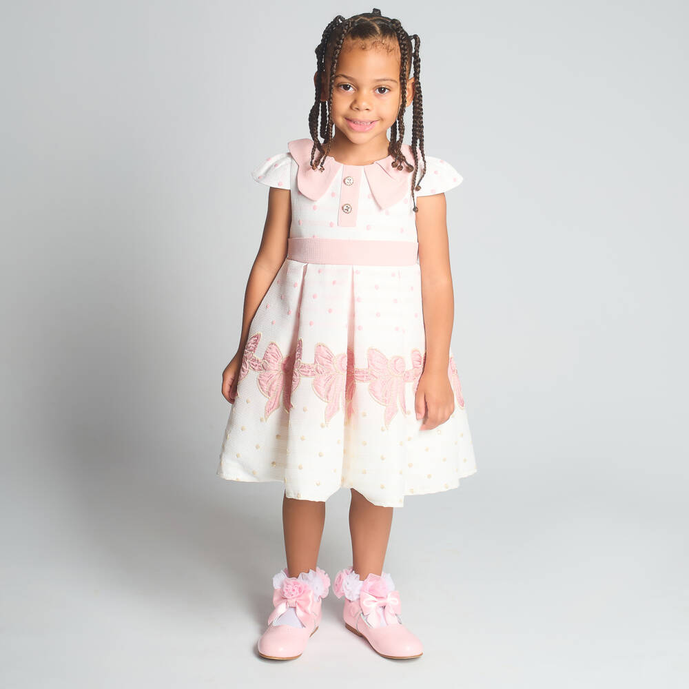 Beau KiD-Girls White & Pink Jacquard Dress with Bow | Childrensalon Outlet