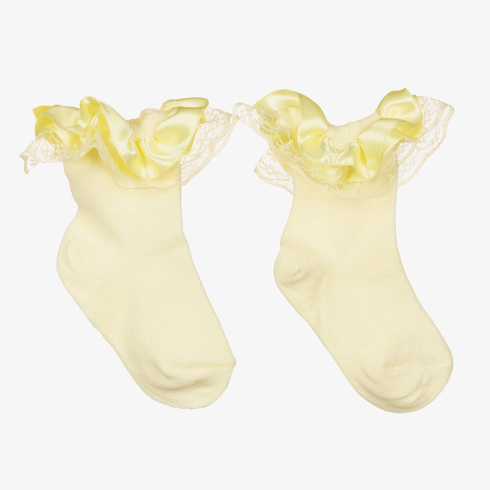 Beau KiD - Girls Yellow Satin Frill Socks | Childrensalon