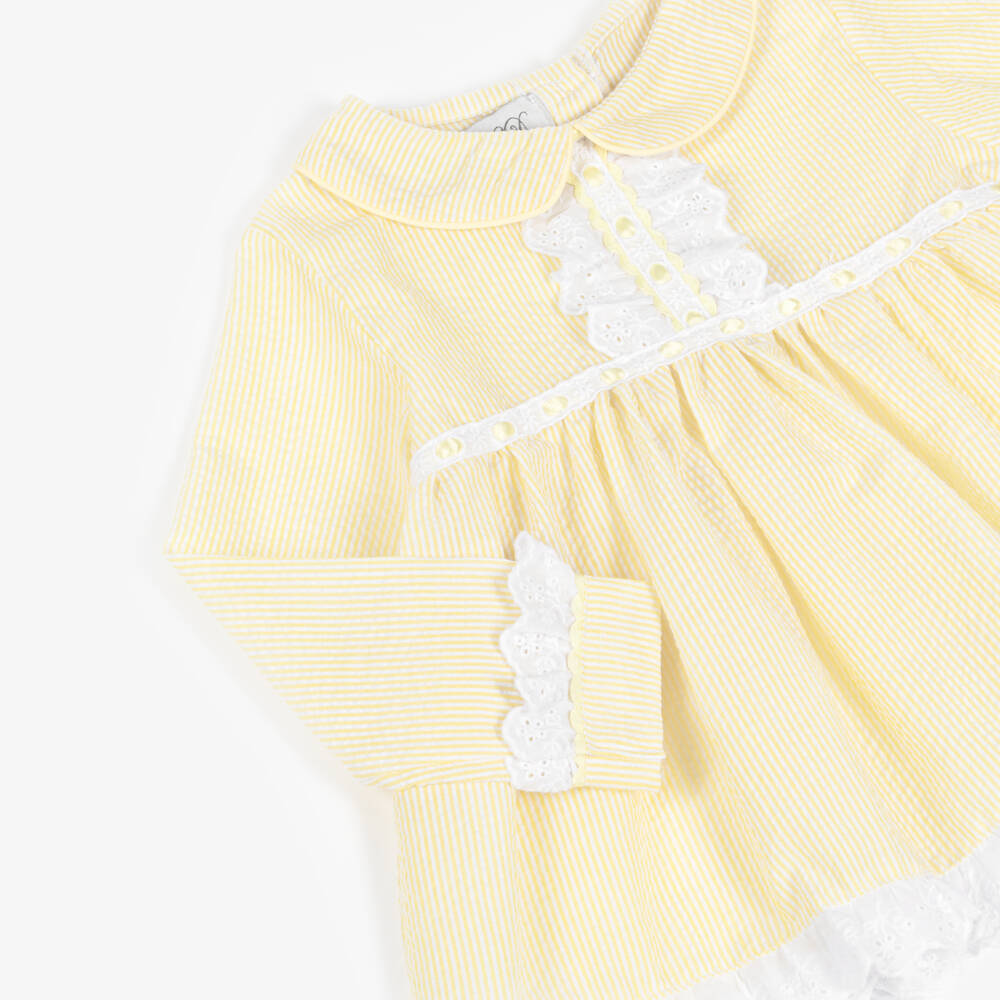 Beau KiD-Girls Yellow Seersucker Pyjamas with Lace Trims | Childrensalon Outlet