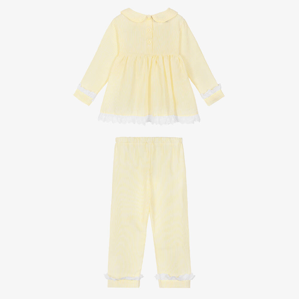 Beau KiD-Girls Yellow Seersucker Pyjamas with Lace Trims | Childrensalon Outlet