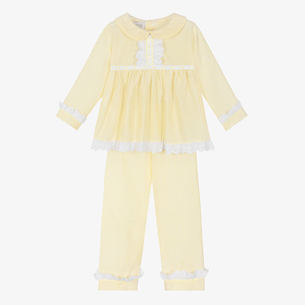 Beau KiD-Girls Yellow Seersucker Pyjamas with Lace Trims | Childrensalon Outlet