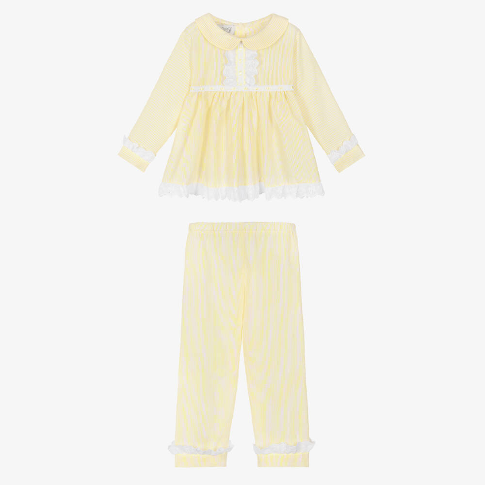 Beau KiD-Girls Yellow Seersucker Pyjamas with Lace Trims | Childrensalon Outlet