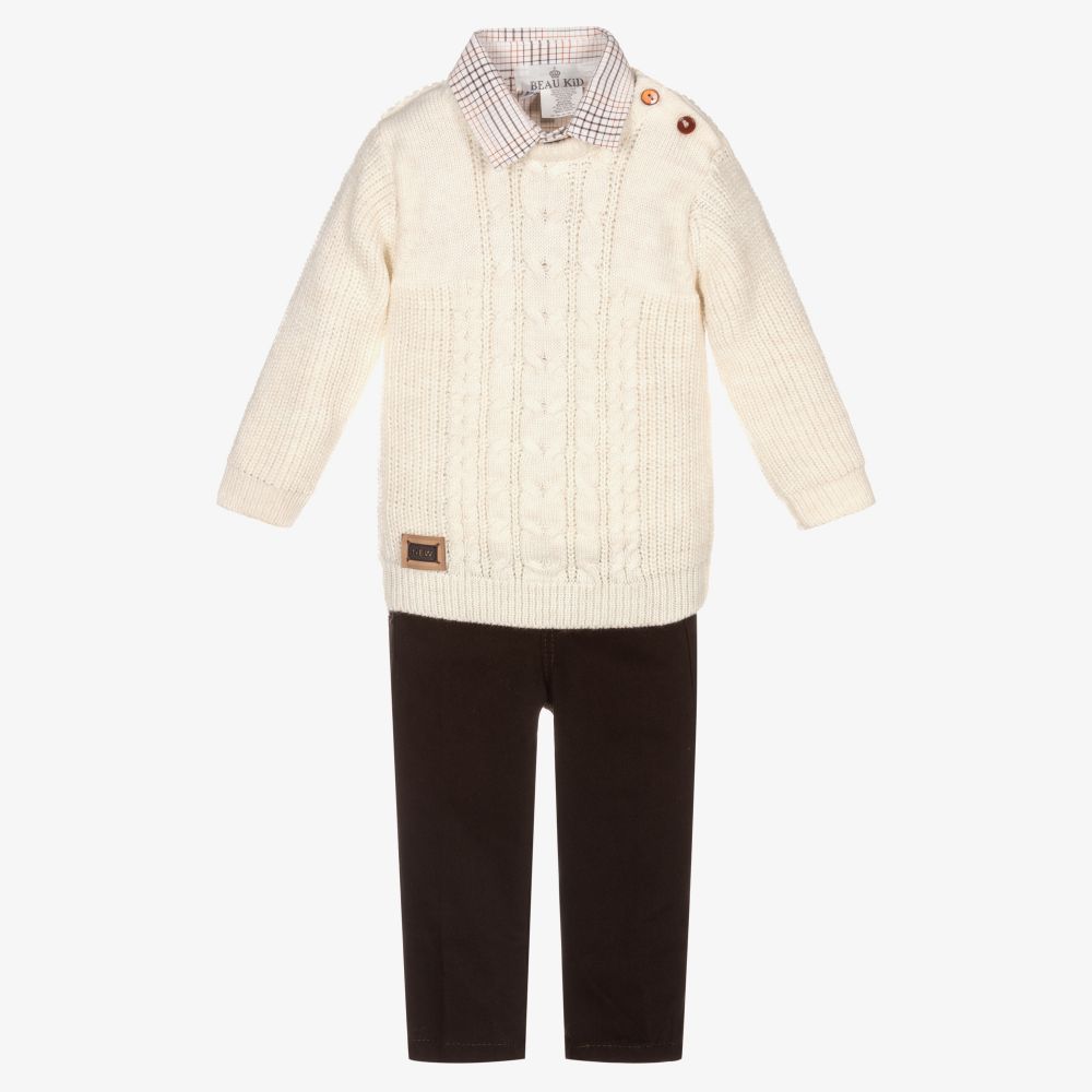 Beau KiD - Ivory & Brown Trouser Set | Childrensalon