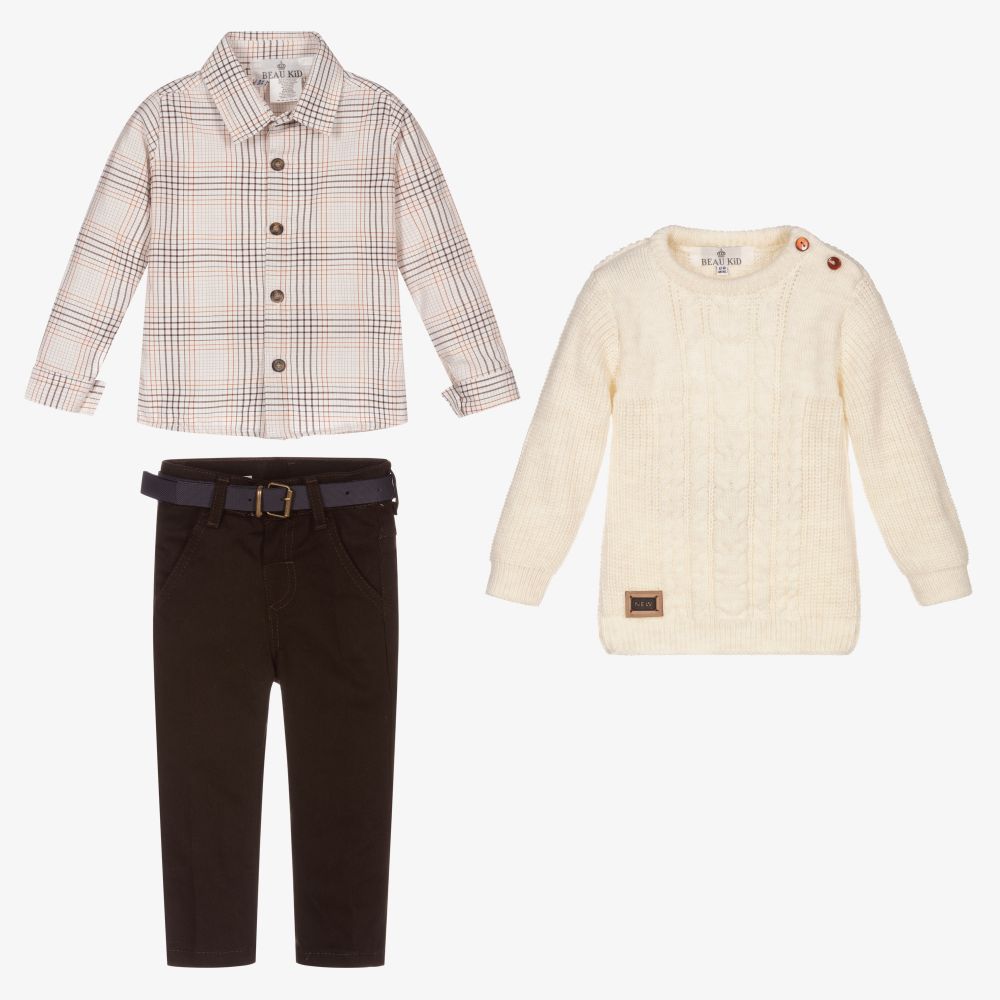 Beau KiD - Ivory & Brown Trouser Set | Childrensalon Outlet