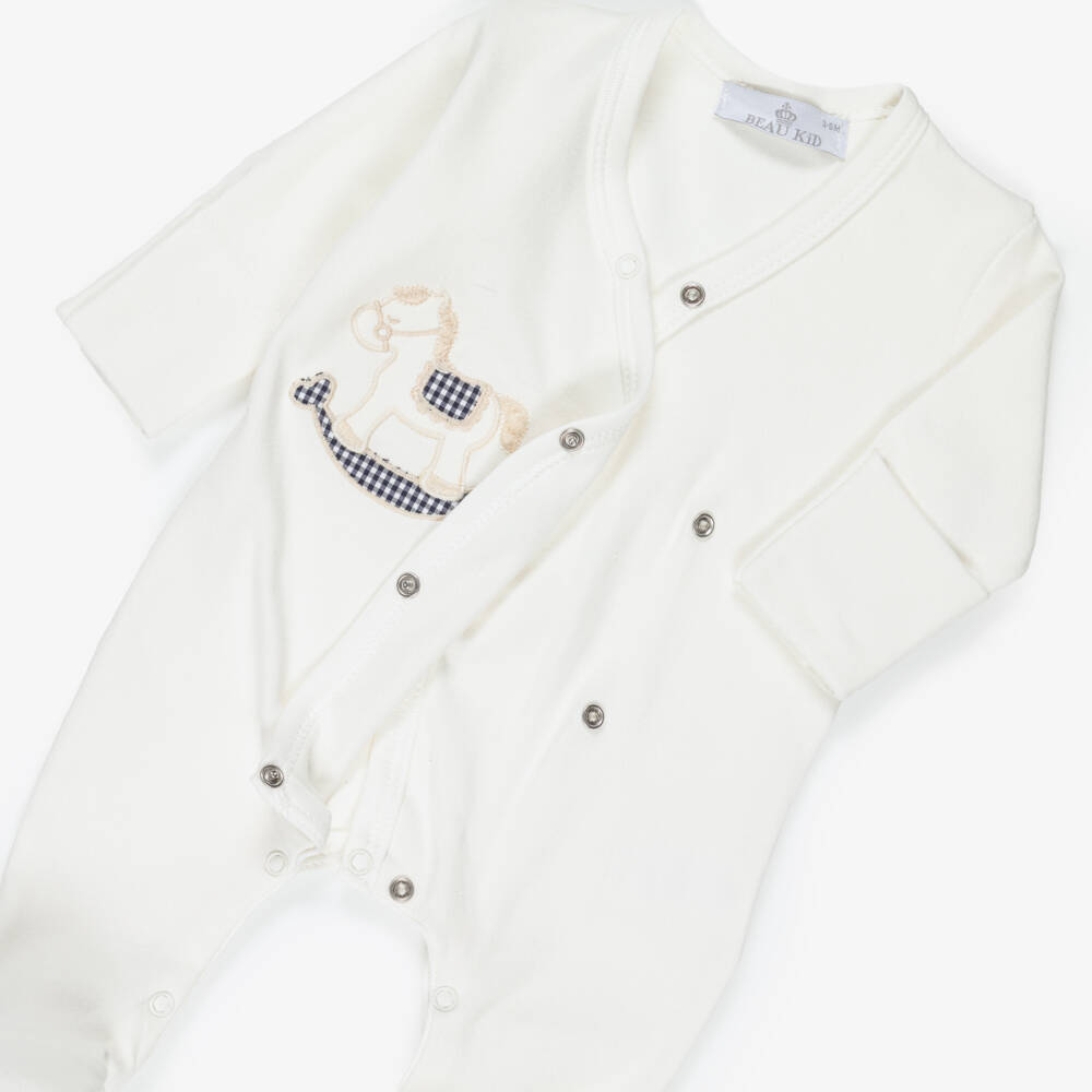 Beau KiD-Ivory Cotton Babysuit Set with Rocking Horse Motif | Childrensalon Outlet