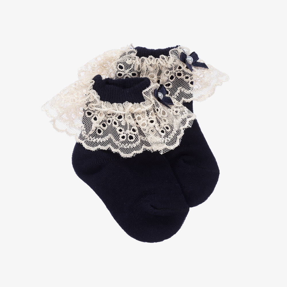 Beau KiD-Navy Blue Cotton & Lace Socks  | Childrensalon Outlet