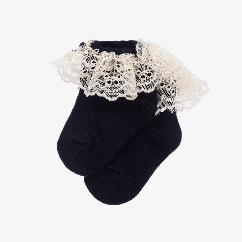 Beau KiD-Navy Blue Cotton & Lace Socks | Childrensalon Outlet