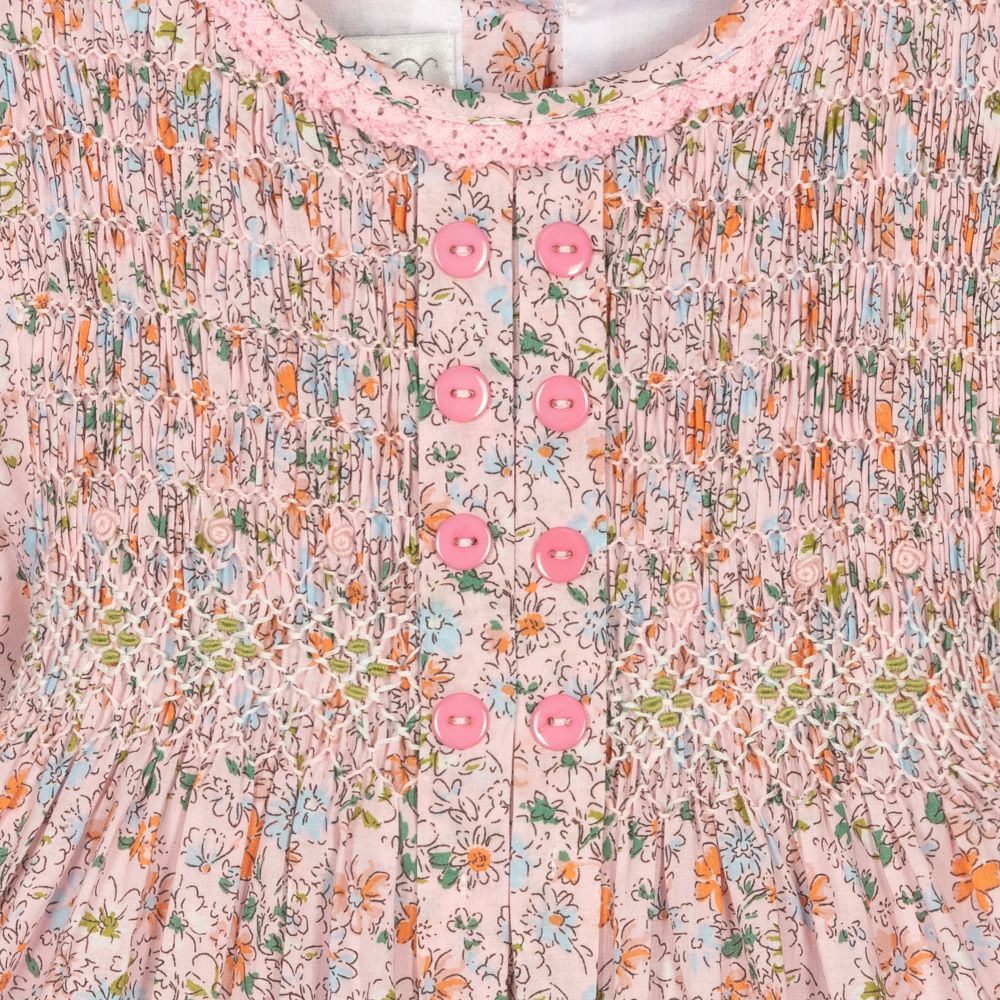 Beau KiD-فستان قطن بوبلين مطرز سموكينغ لون زهري بطبعة ورود | Childrensalon Outlet