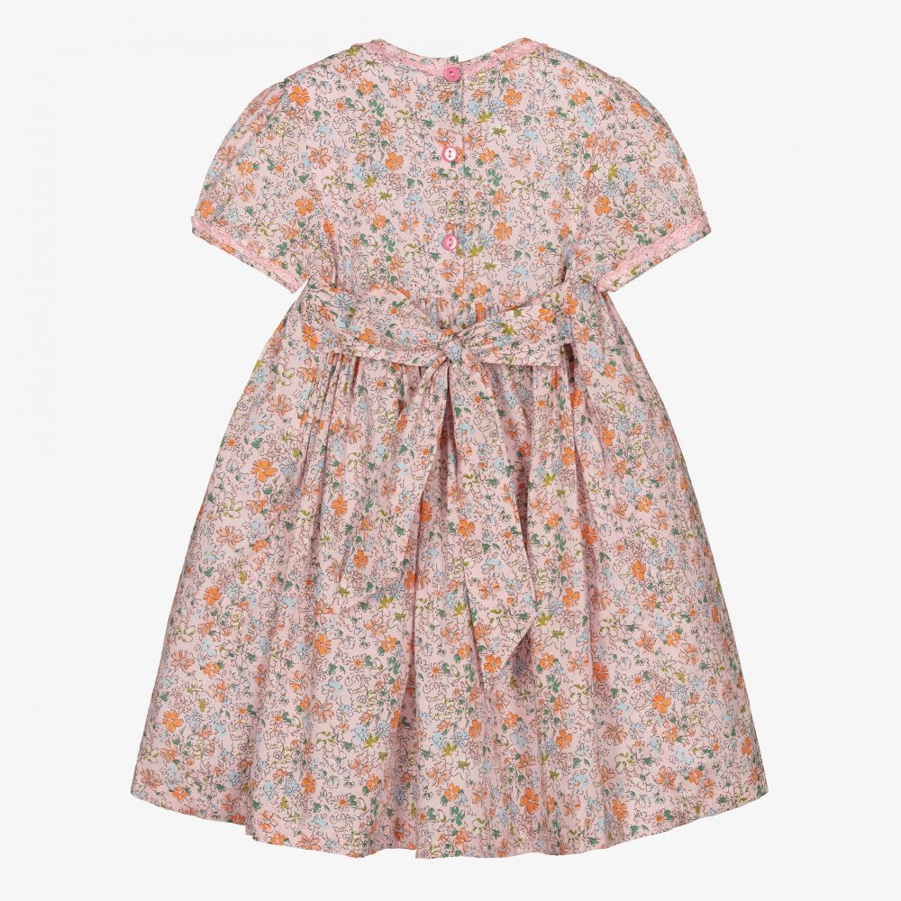 Beau KiD-فستان قطن بوبلين مطرز سموكينغ لون زهري بطبعة ورود | Childrensalon Outlet