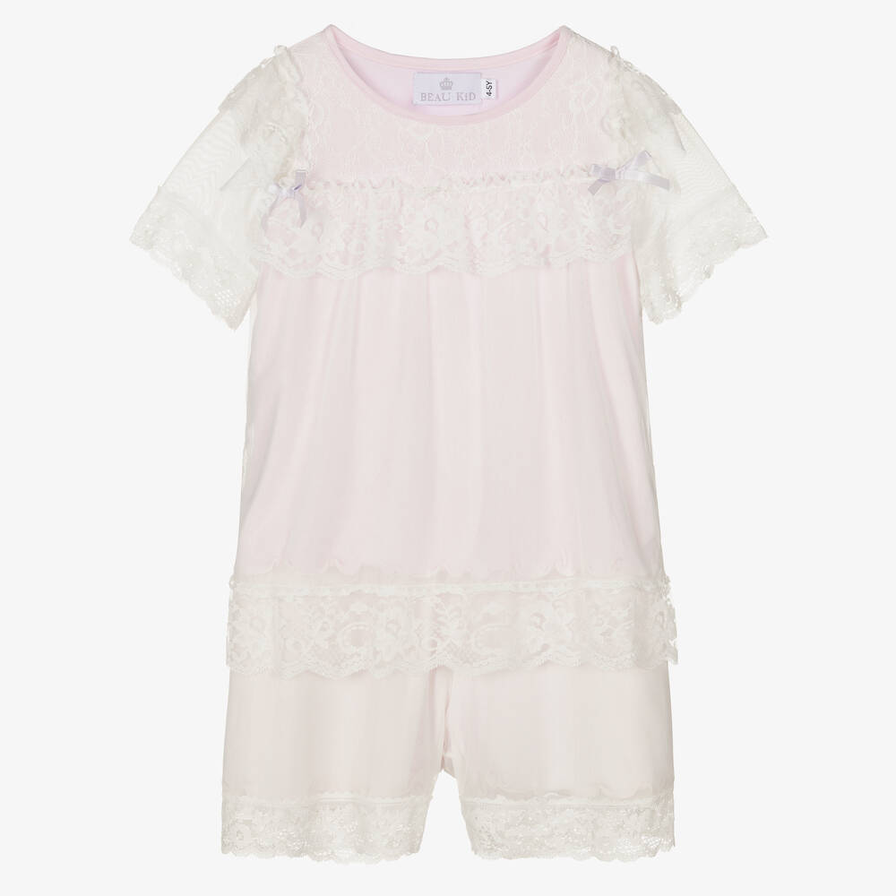 Beau KiD - Rosa Jersey-Schlafanzug mit Spitze | Childrensalon
