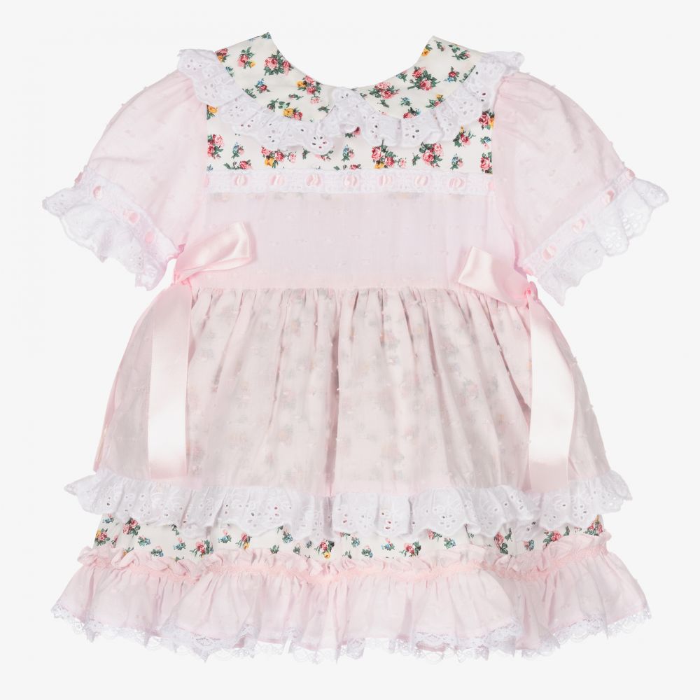 Beau KiD - فستان قطن بلوميتي لون عاجي وزهري بطبعة ورود للمولودات  | Childrensalon