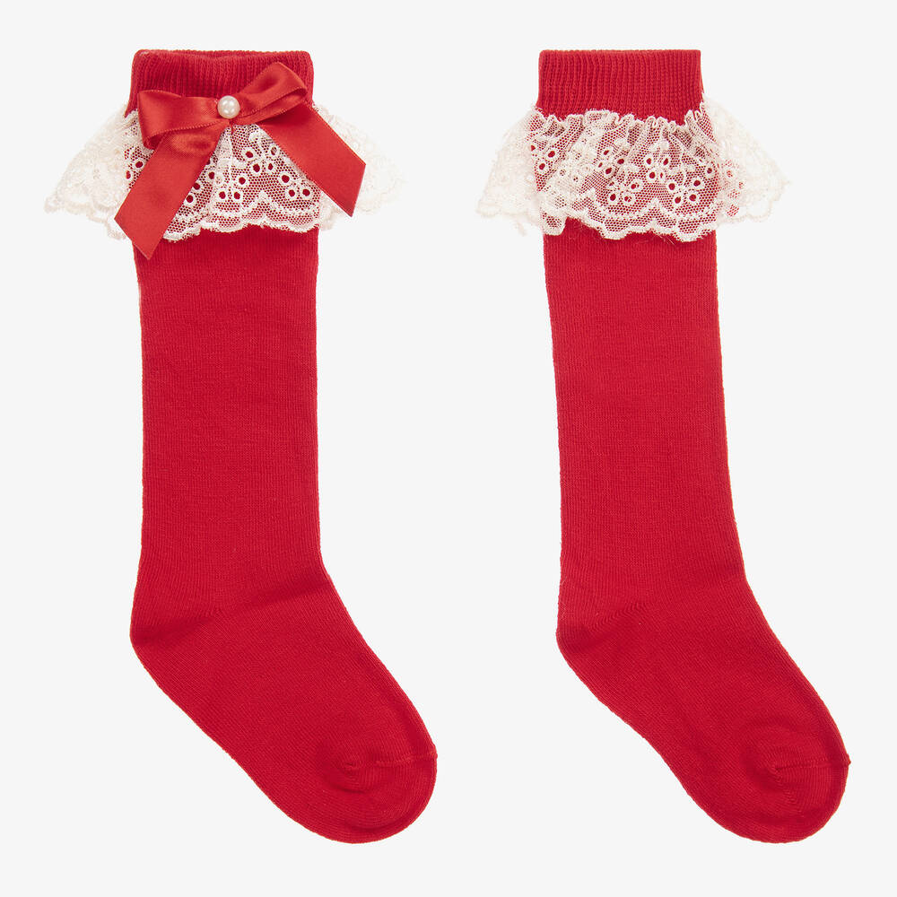 Beau KiD - Chaussettes montantes rouges en coton et dentelle | Childrensalon