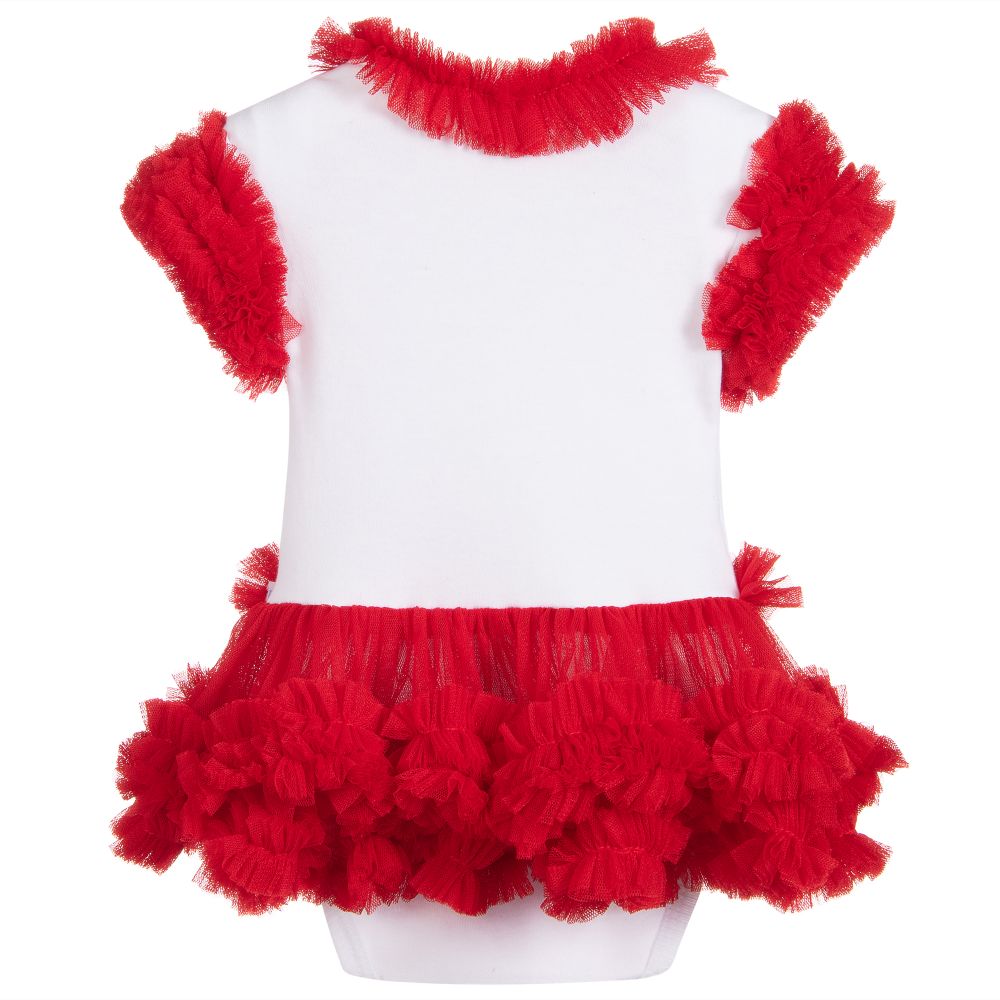 Beau KiD-أوفرول بادي قطن و تول لون أبيض و أحمر للولودات | Childrensalon Outlet